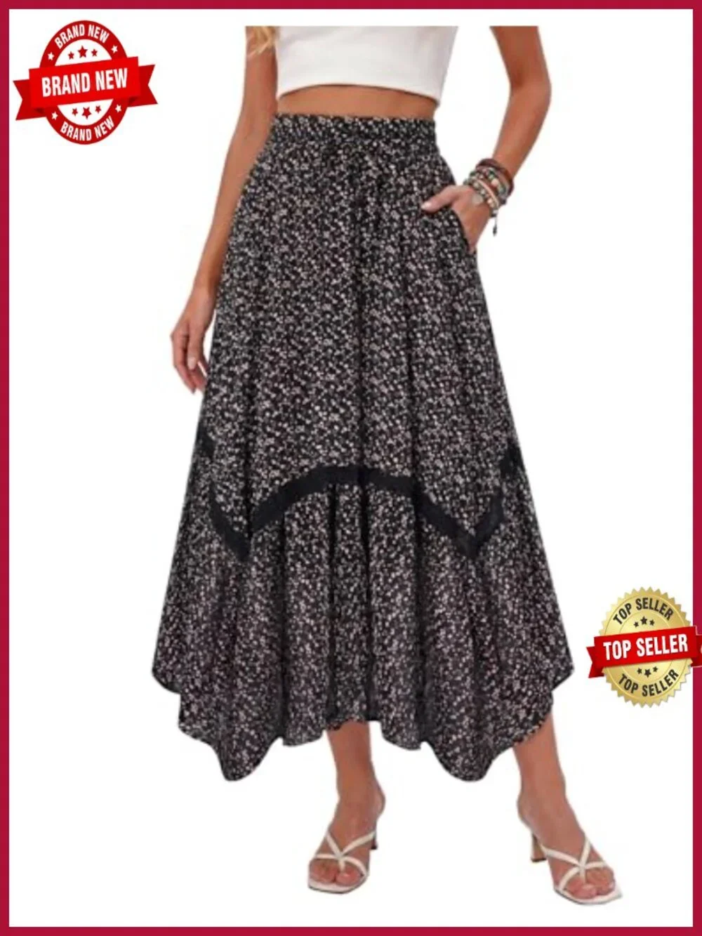 Women's Boho Maxi Skirt A-Line High Waist Elastic Long Skirt with Pockets